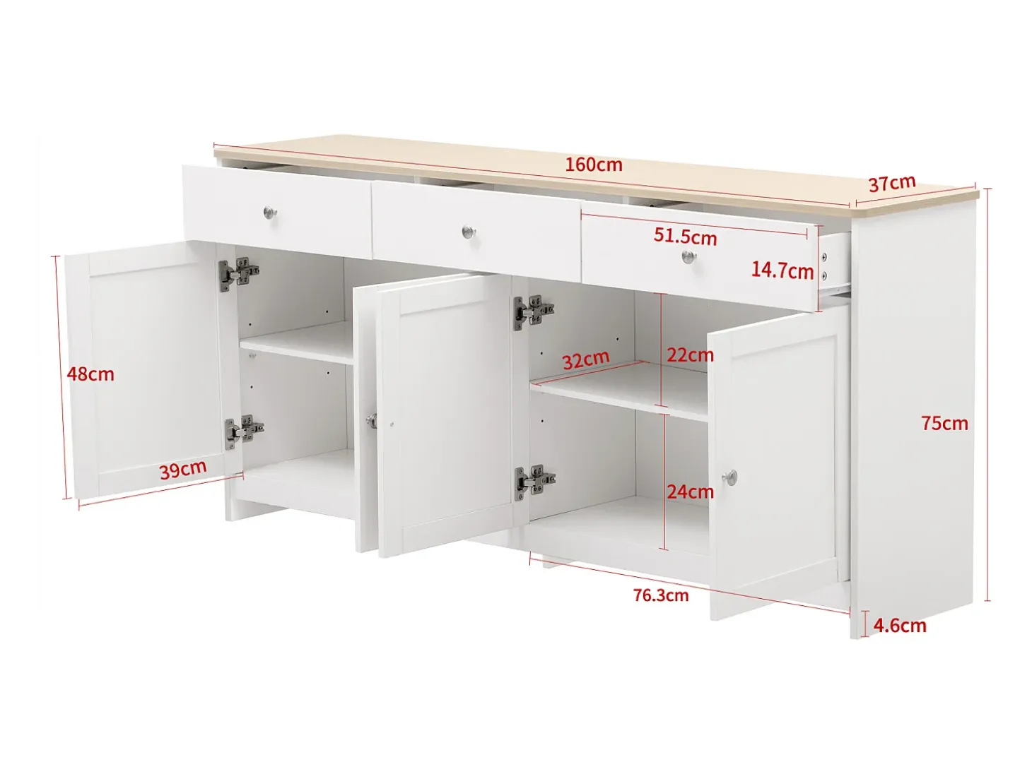 Aparador Blanco con 3 Cajones y 4 Puertas, 160 cm - Estilo Moderno con Estantes Ajustables - Ideal para Comedor, Cocina o Salón