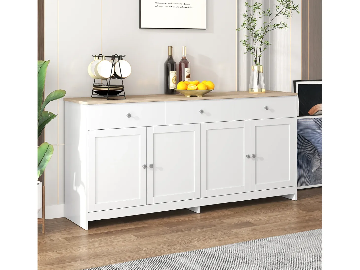 Aparador Blanco con 3 Cajones y 4 Puertas, 160 cm - Estilo Moderno con Estantes Ajustables - Ideal para Comedor, Cocina o Salón