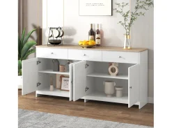 Aparador Blanco con 3 Cajones y 4 Puertas, 160 cm - Estilo Moderno con Estantes Ajustables - Ideal para Comedor, Cocina o Salón