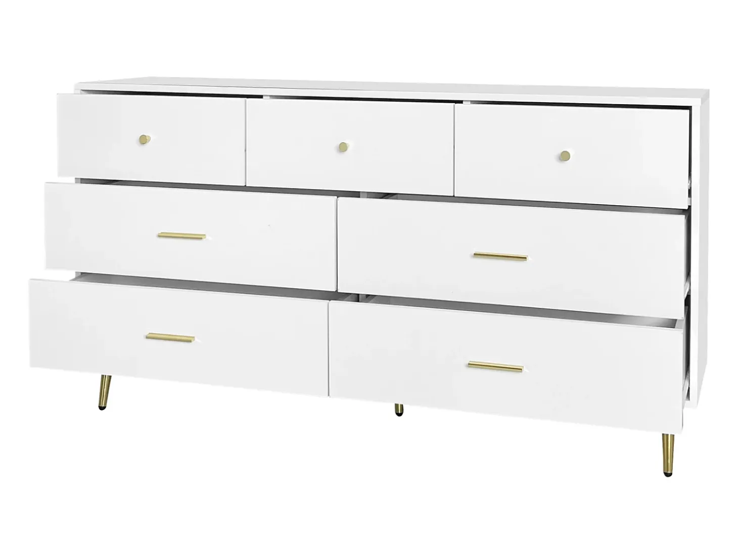 Aparador blanco con 7 cajones, tiradores y patas dorados, 140x35x76 cm - Para cocina y salón