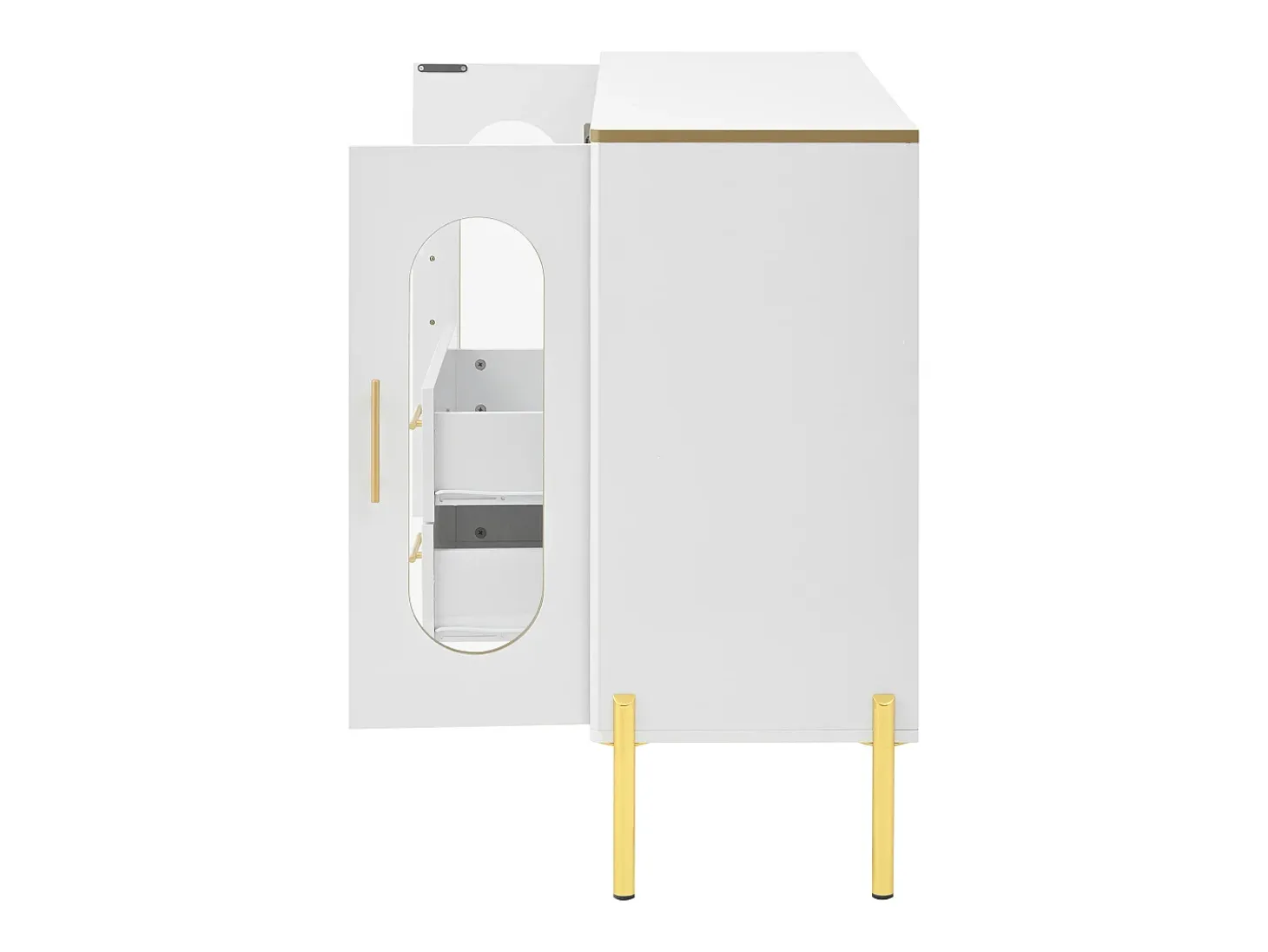 Aparador blanco con 2 cajones, puertas de cristal y botellero, tiradores y patas dorados - para comedor y sala de estar