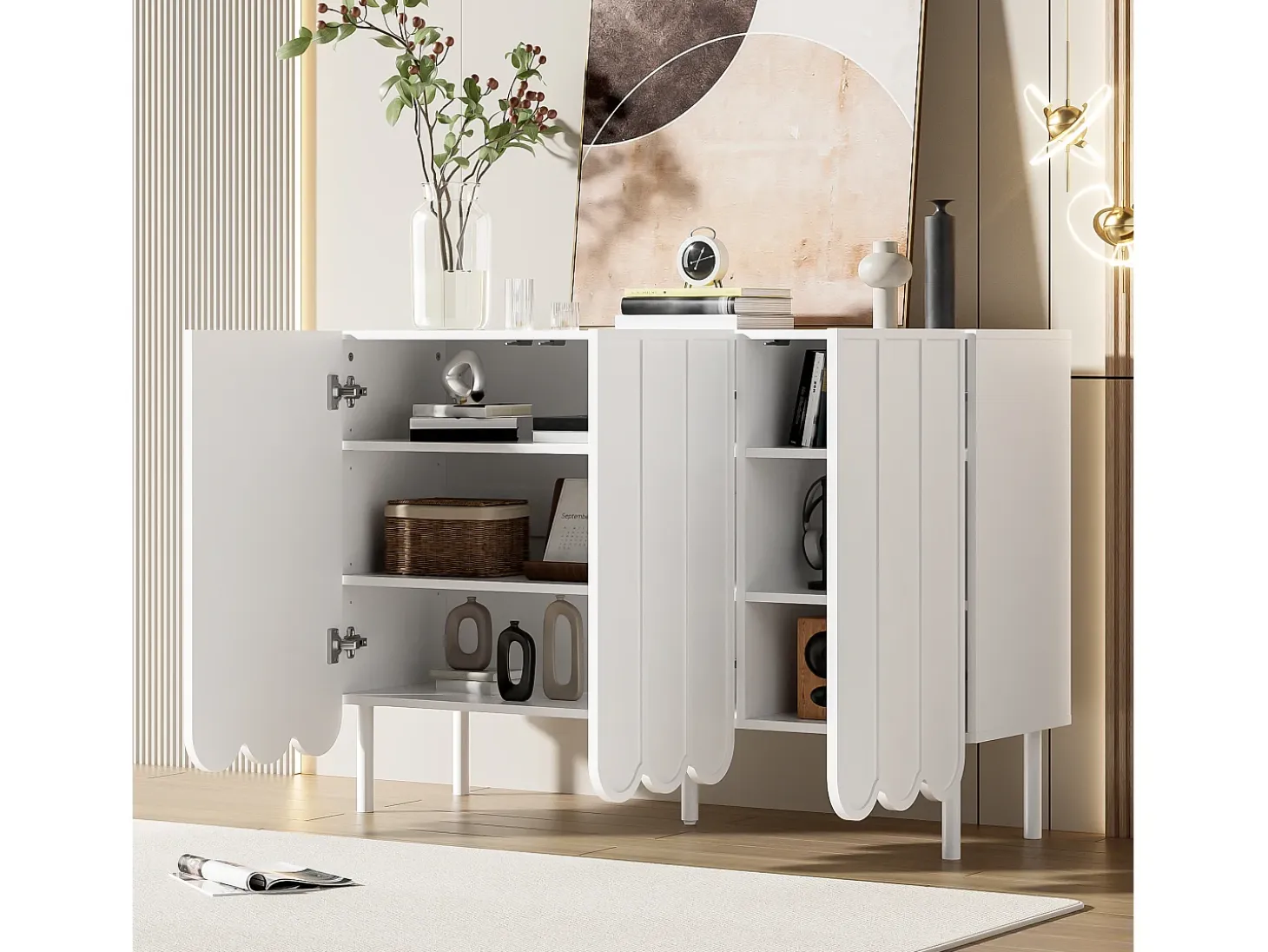 Aparador blanco con 3 puertas a rayas y estantes ajustables - para salón y comedor