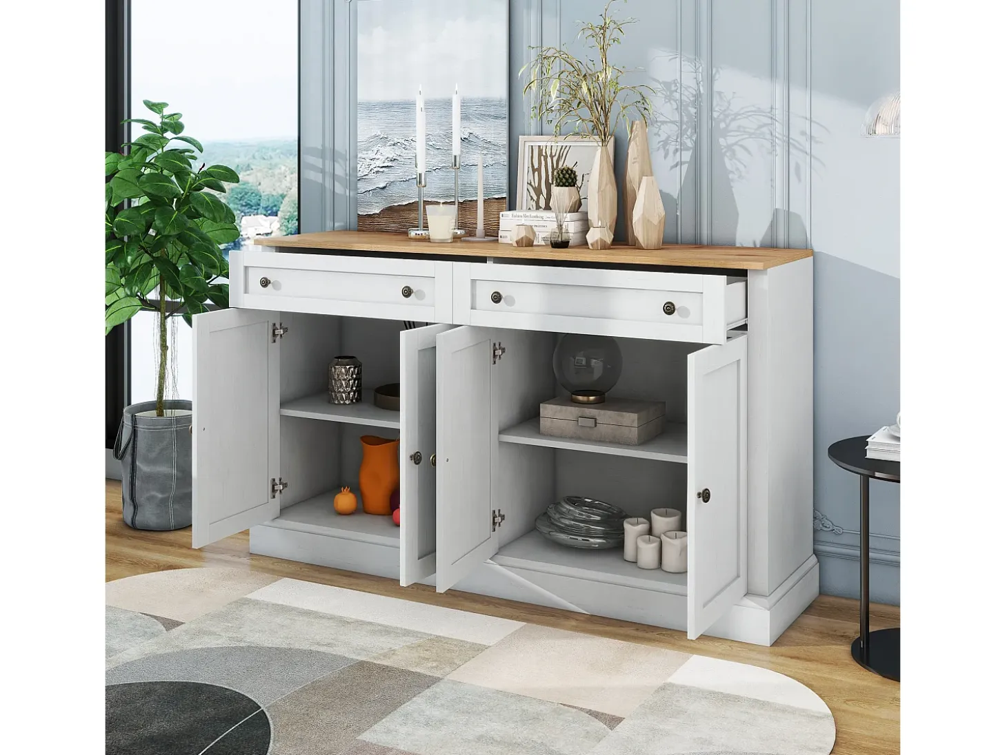 Aparador blanco con 4 puertas y 2 cajones, estantes regulables, tablero efecto madera - para salón o cocina