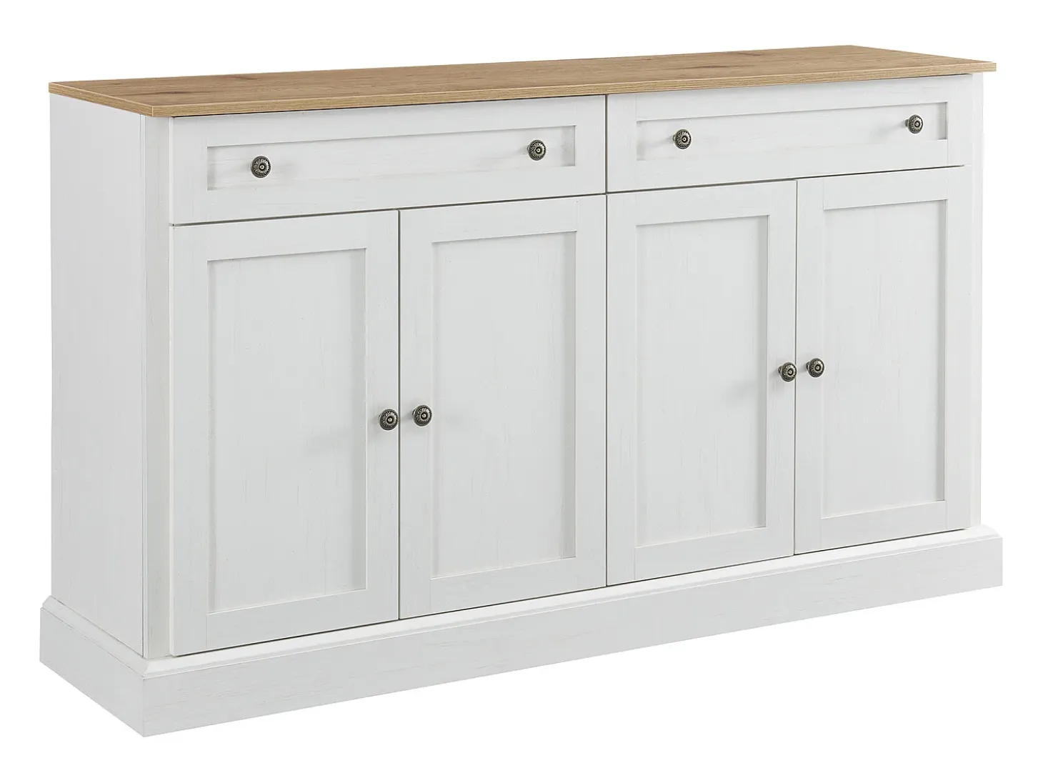 Aparador blanco con 4 puertas y 2 cajones, estantes regulables, tablero efecto madera - para salón o cocina