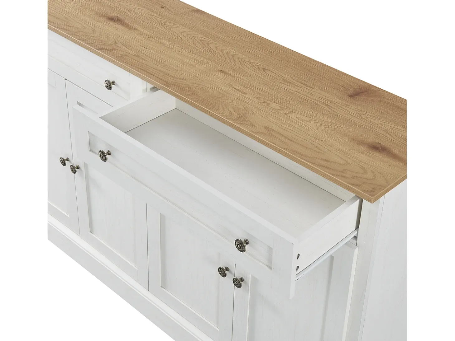 Aparador blanco con 4 puertas y 2 cajones, estantes regulables, tablero efecto madera - para salón o cocina