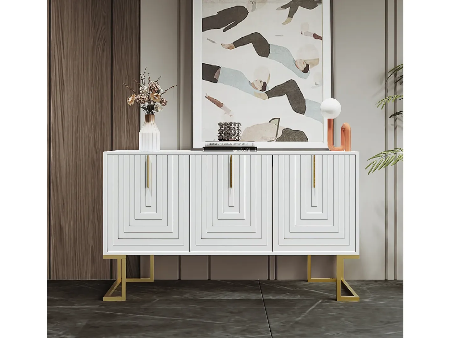 Aparador blanco con 3 puertas, estantes regulables, patas doradas, 138x40x80,5cm