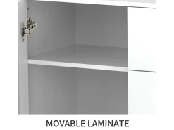 Aparador blanco con puertas de espejo y tiradores de cristal, 4 puertas, MDF (147,5x40x102 cm)