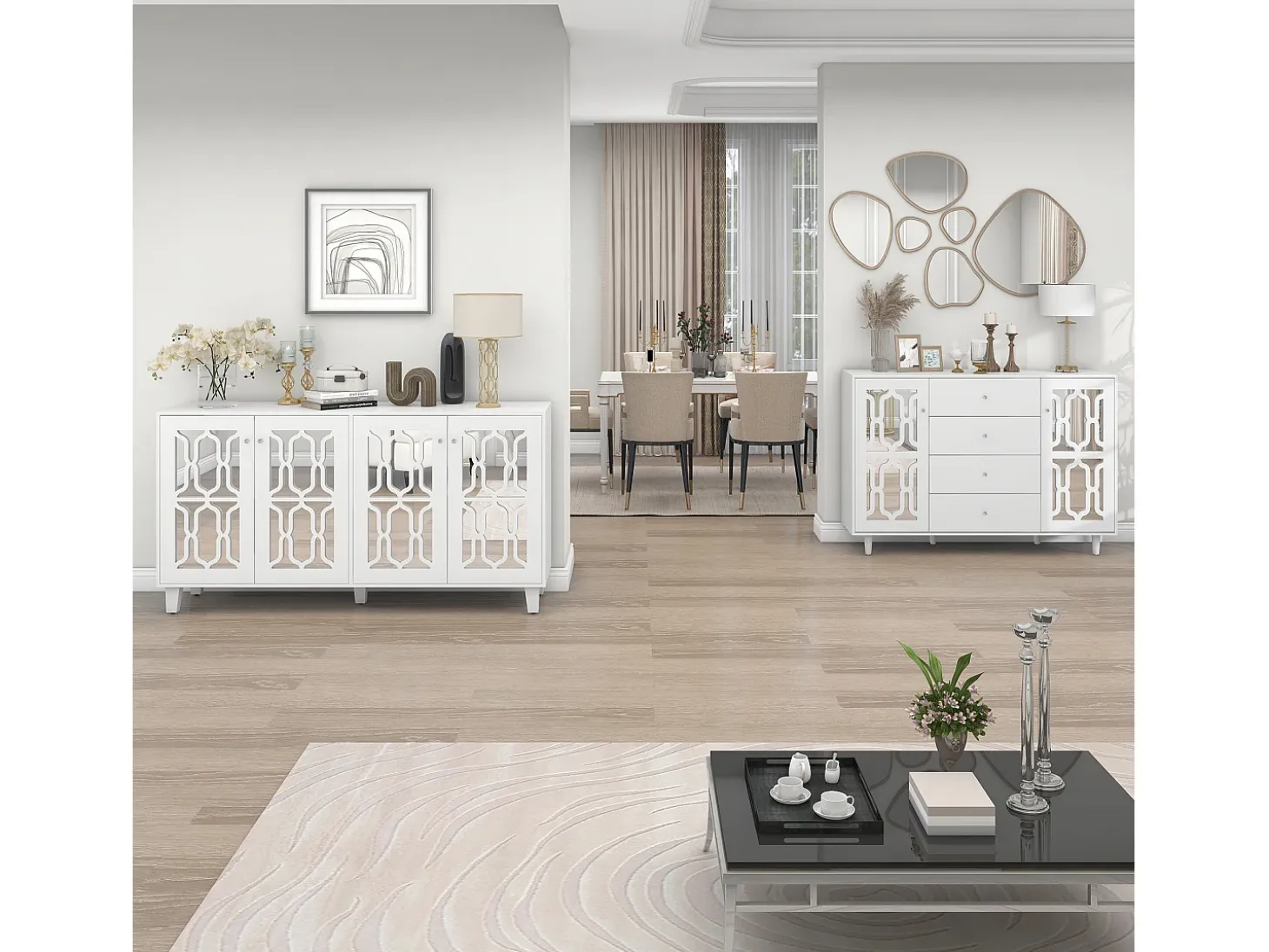 Aparador blanco con puertas de espejo y tiradores de cristal, 4 puertas, MDF (147,5x40x102 cm)