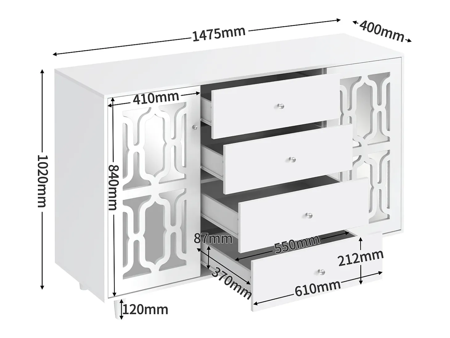 Aparador blanco con puertas de espejo y tiradores de cristal, 4 puertas, MDF (147,5x40x102 cm)