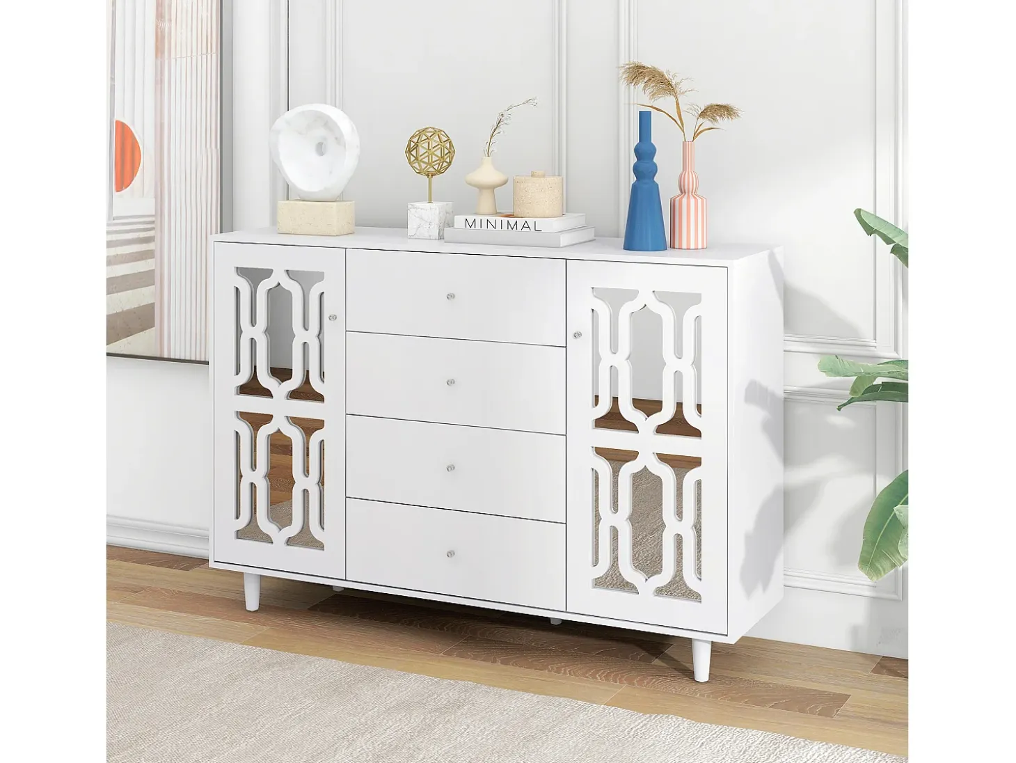 Aparador blanco con puertas de espejo y tiradores de cristal, 4 puertas, MDF (147,5x40x102 cm)