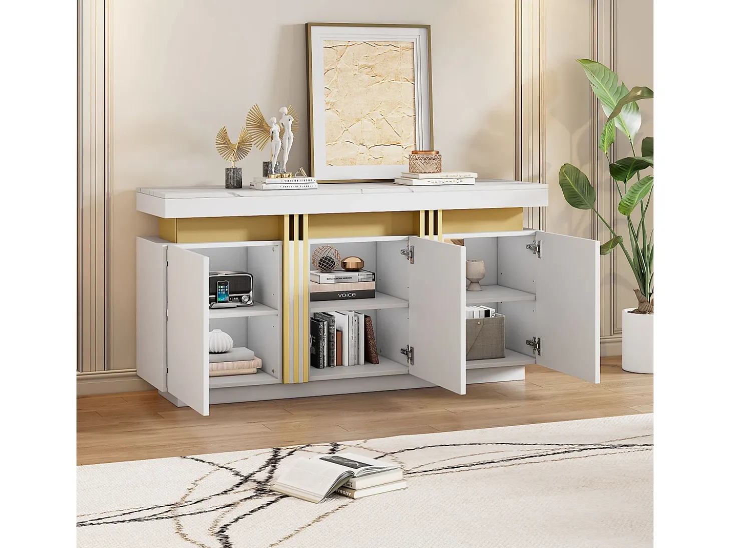 Aparador blanco de 3 puertas - Aparador con costuras platino y divisores ajustables - diseño sin tiradores