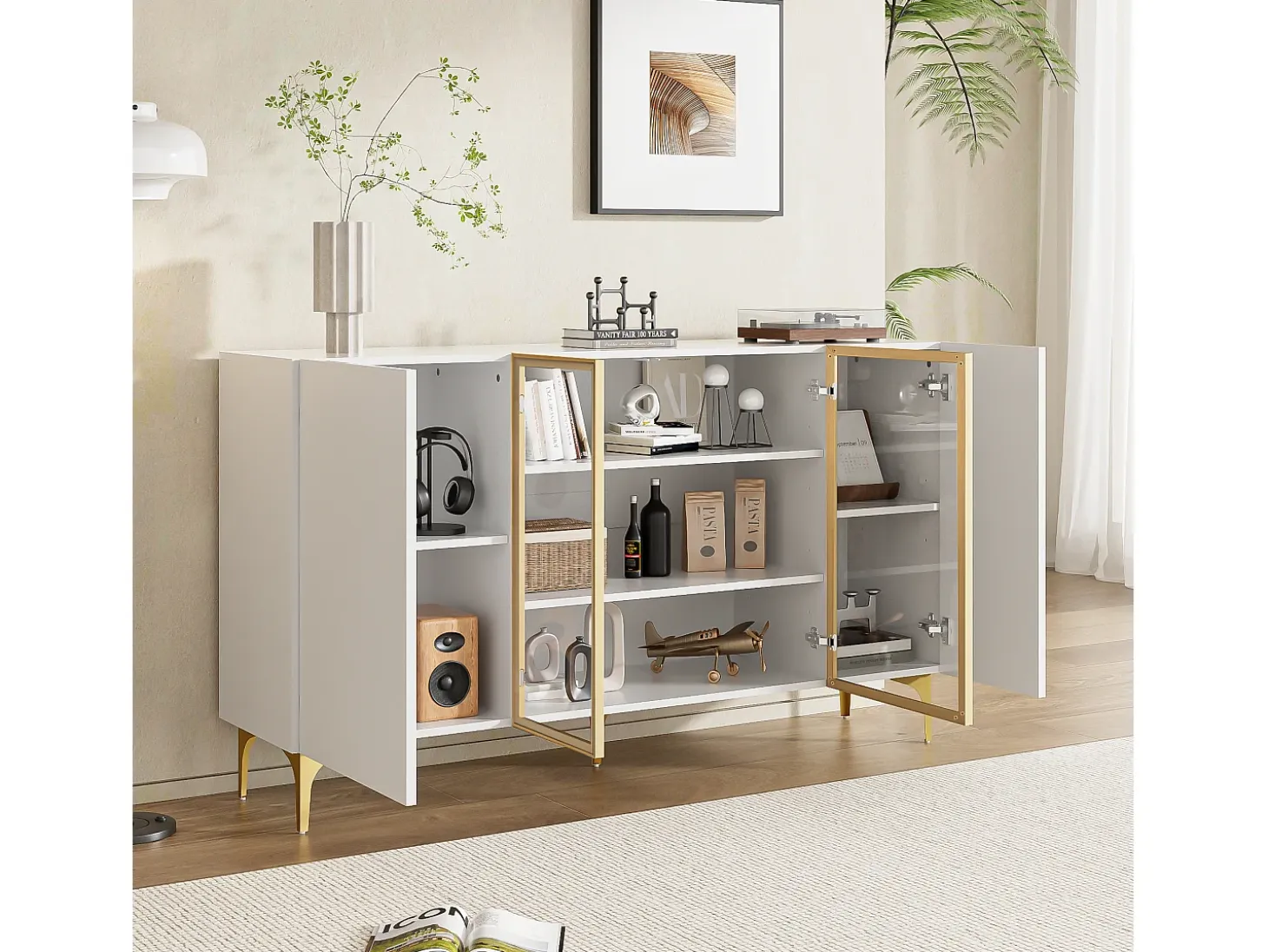 Aparador blanco de 4 puertas, diseño moderno sin tirador, cristal templado y estructura de metal, para salón o comedor