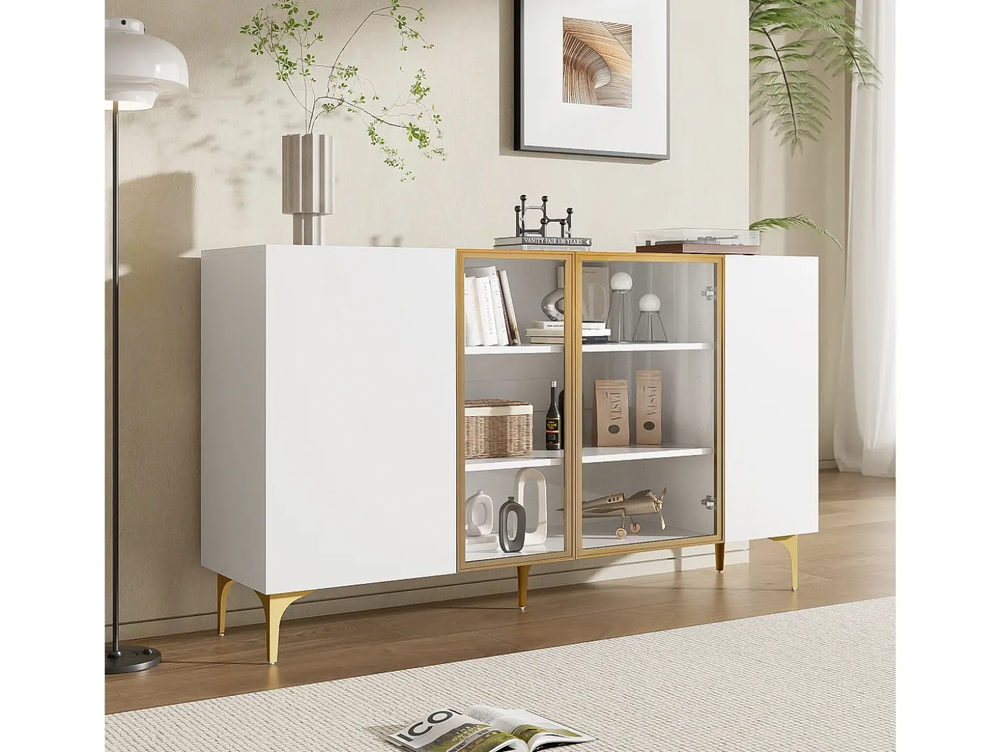 Aparador blanco de 4 puertas, diseño moderno sin tirador, cristal templado y estructura de metal, para salón o comedor