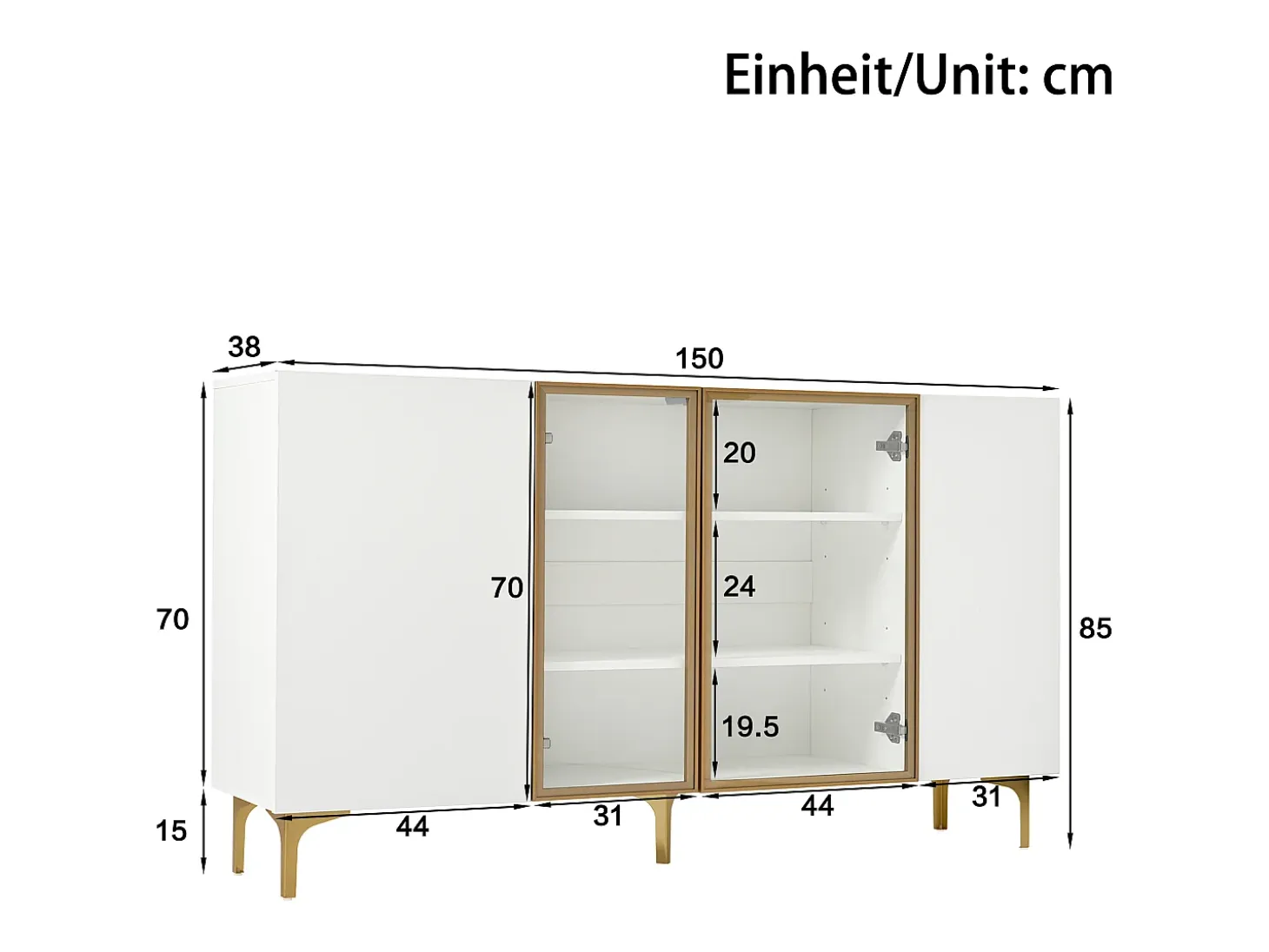 Aparador blanco de 4 puertas, diseño moderno sin tirador, cristal templado y estructura de metal, para salón o comedor