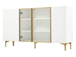 Aparador blanco de 4 puertas, diseño moderno sin tirador, cristal templado y estructura de metal, para salón o comedor
