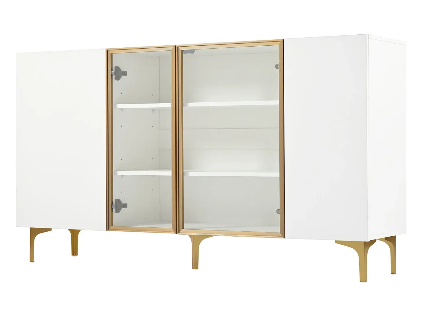 Aparador blanco de 4 puertas, diseño moderno sin tirador, cristal templado y estructura de metal, para salón o comedor
