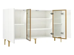 Aparador blanco de 4 puertas, diseño moderno sin tirador, cristal templado y estructura de metal, para salón o comedor