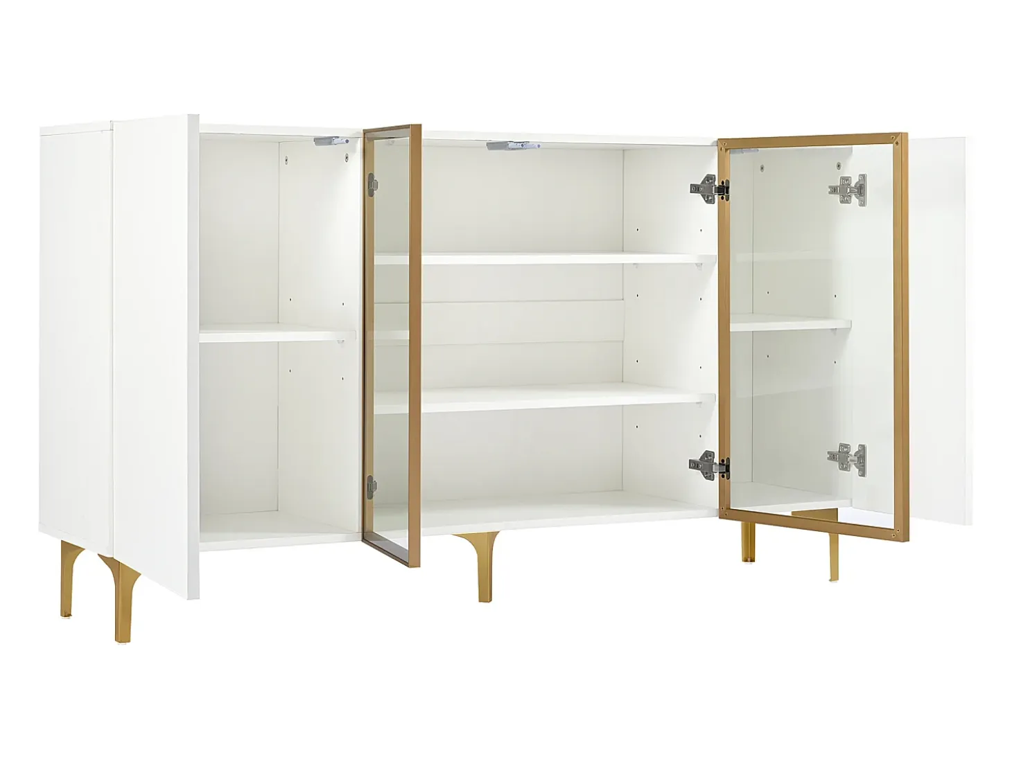 Aparador blanco de 4 puertas, diseño moderno sin tirador, cristal templado y estructura de metal, para salón o comedor