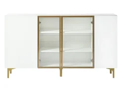Aparador blanco de 4 puertas, diseño moderno sin tirador, cristal templado y estructura de metal, para salón o comedor