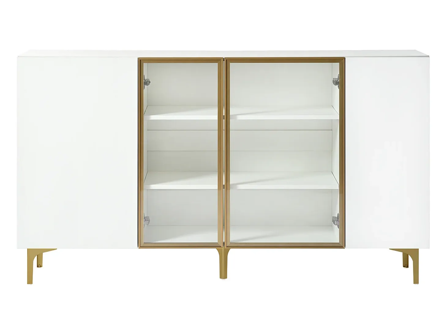 Aparador blanco de 4 puertas, diseño moderno sin tirador, cristal templado y estructura de metal, para salón o comedor