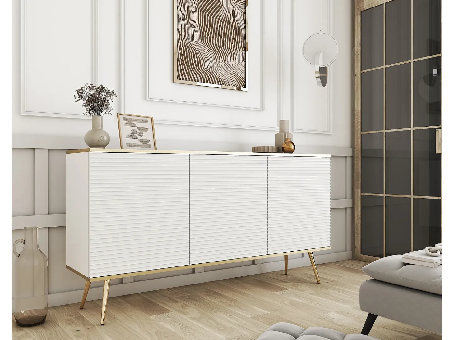 Aparador blanco glamuroso con patas doradas, 160 x 85 x 39