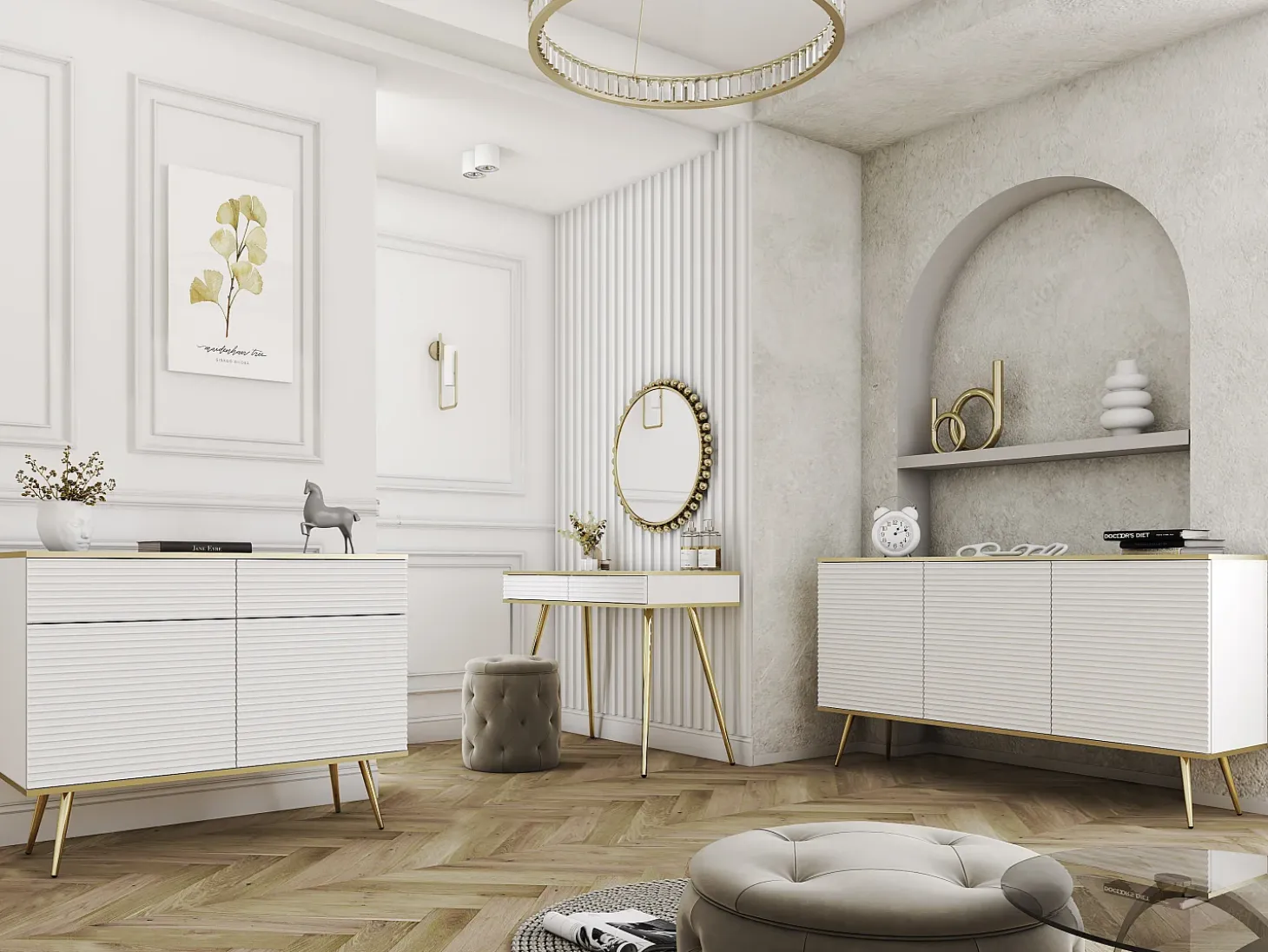 Aparador blanco glamuroso con patas doradas, 160 x 85 x 39