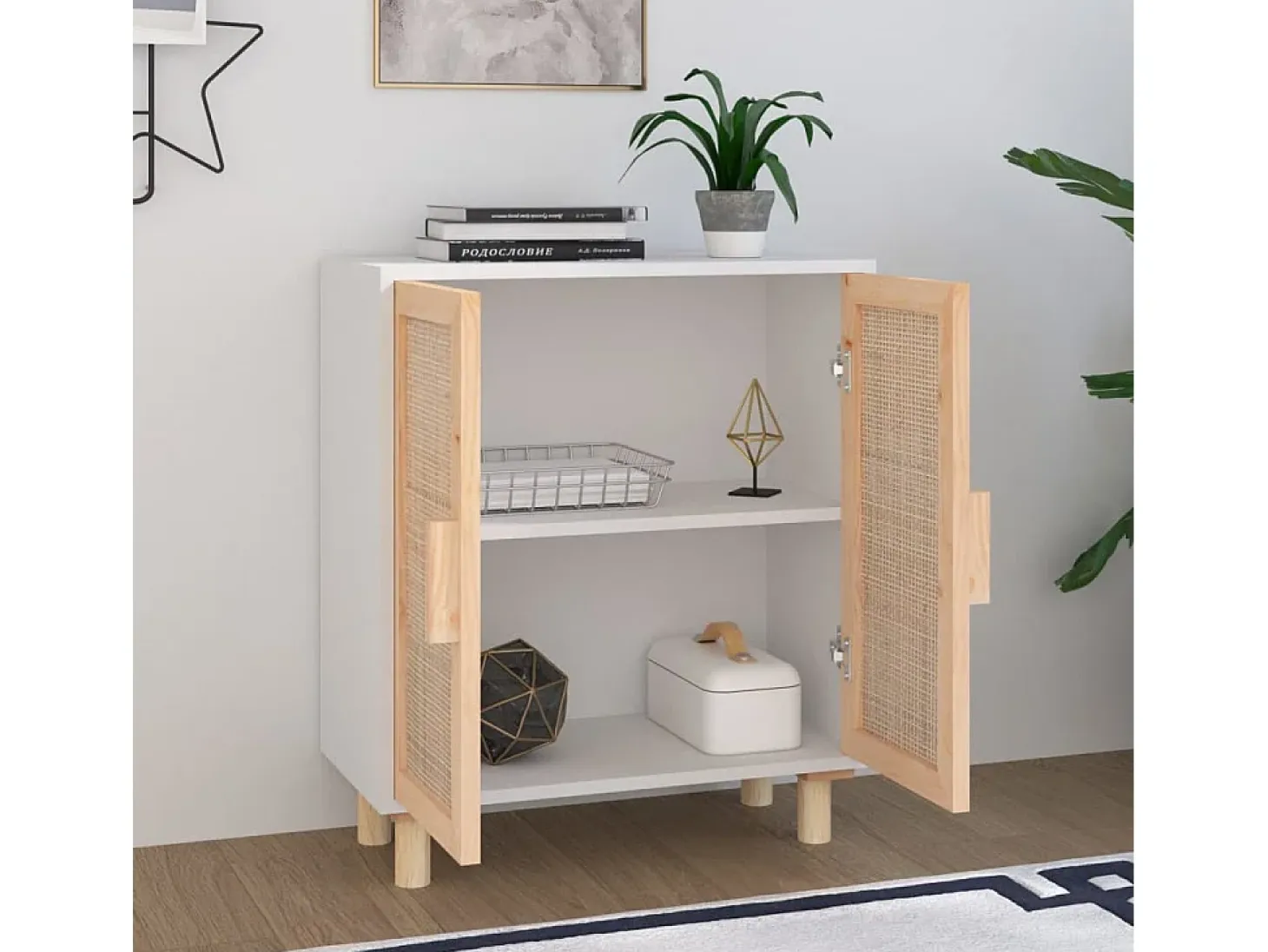 Aparador blanco madera pino maciza y ratán natural 60x30x70 cm