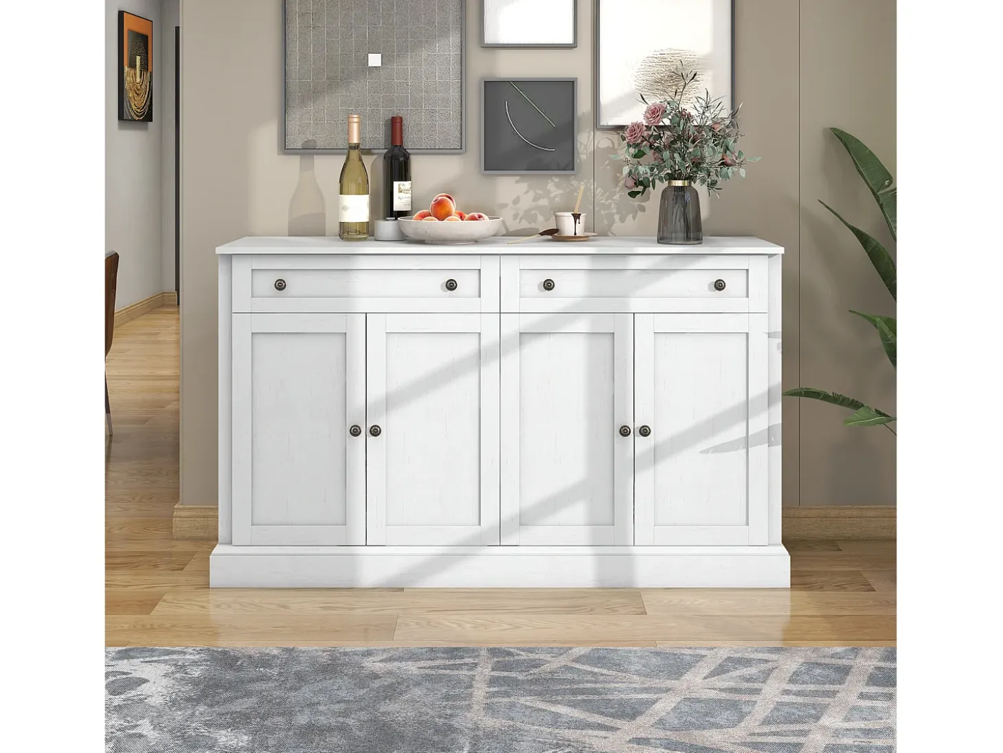 Aparador blanco moderno con 4 puertas y 2 cajones, estantes regulables, 150 x 40 x 86 cm - para salón o cocina