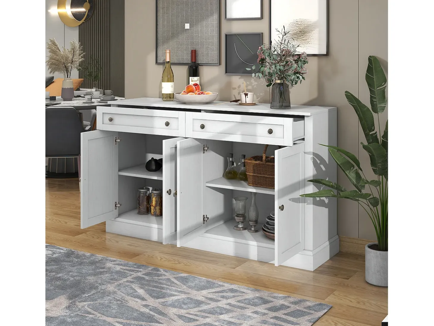 Aparador blanco moderno con 4 puertas y 2 cajones, estantes regulables, 150 x 40 x 86 cm - para salón o cocina