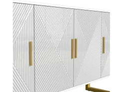Aparador blanco moderno con 4 puertas texturizadas, frente brillante y tiradores dorados.
