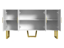Aparador blanco moderno con 4 puertas texturizadas, frente brillante y tiradores dorados.