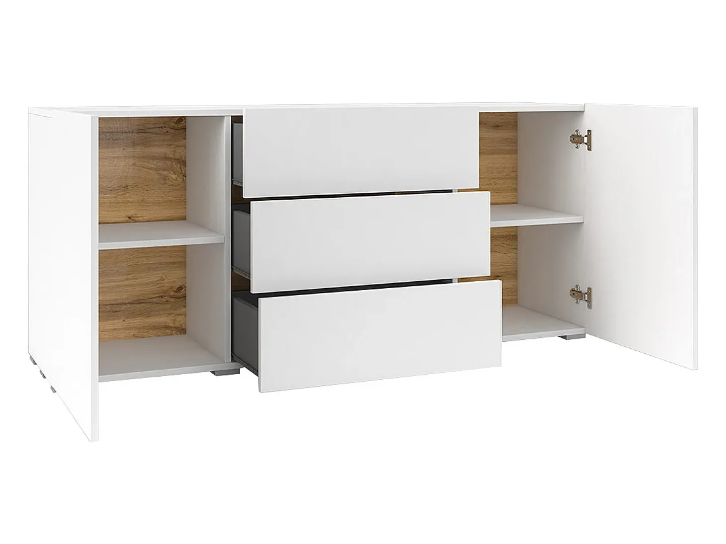 Aparador blanco moderno para el salón con 3 cajones y 2 puertas 140x35x63 cm Mehdi