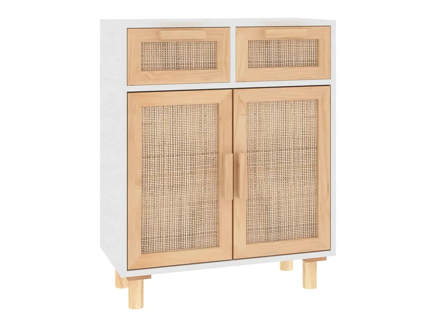 Aparador Blanco 60x30x75 cm Madera maciza de pino y ratán natural