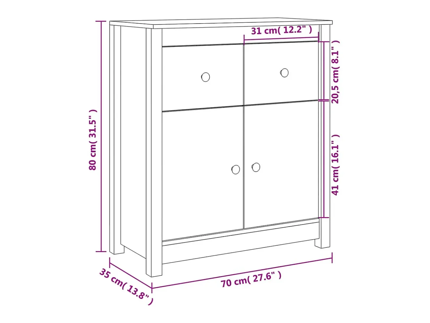 Aparador blanco 70x35x80 cm madera maciza de pino