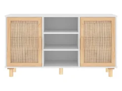 Aparador Blanco 105x30x60 cm Madera maciza de pino y ratán natural