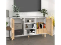 Aparador Blanco 105x30x60 cm Madera maciza de pino y ratán natural