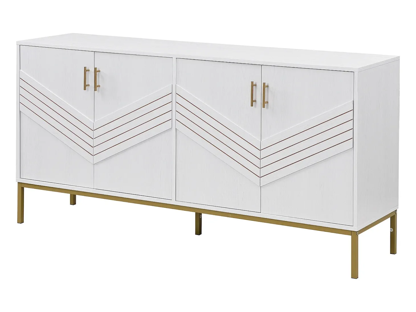 Aparador blanco y dorado de 4 puertas, diseño moderno con amplio espacio de almacenamiento, patas de metal y estantes ajustables