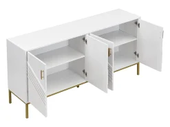 Aparador blanco y dorado de 4 puertas, diseño moderno con amplio espacio de almacenamiento, patas de metal y estantes ajustables