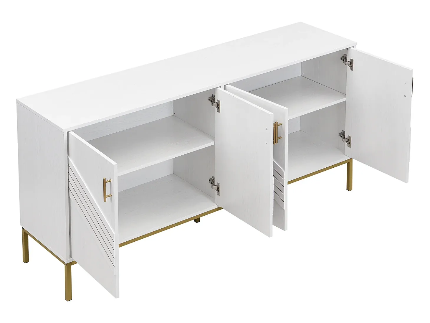 Aparador blanco y dorado de 4 puertas, diseño moderno con amplio espacio de almacenamiento, patas de metal y estantes ajustables
