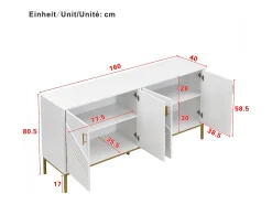 Aparador blanco y dorado de 4 puertas, diseño moderno con amplio espacio de almacenamiento, patas de metal y estantes ajustables