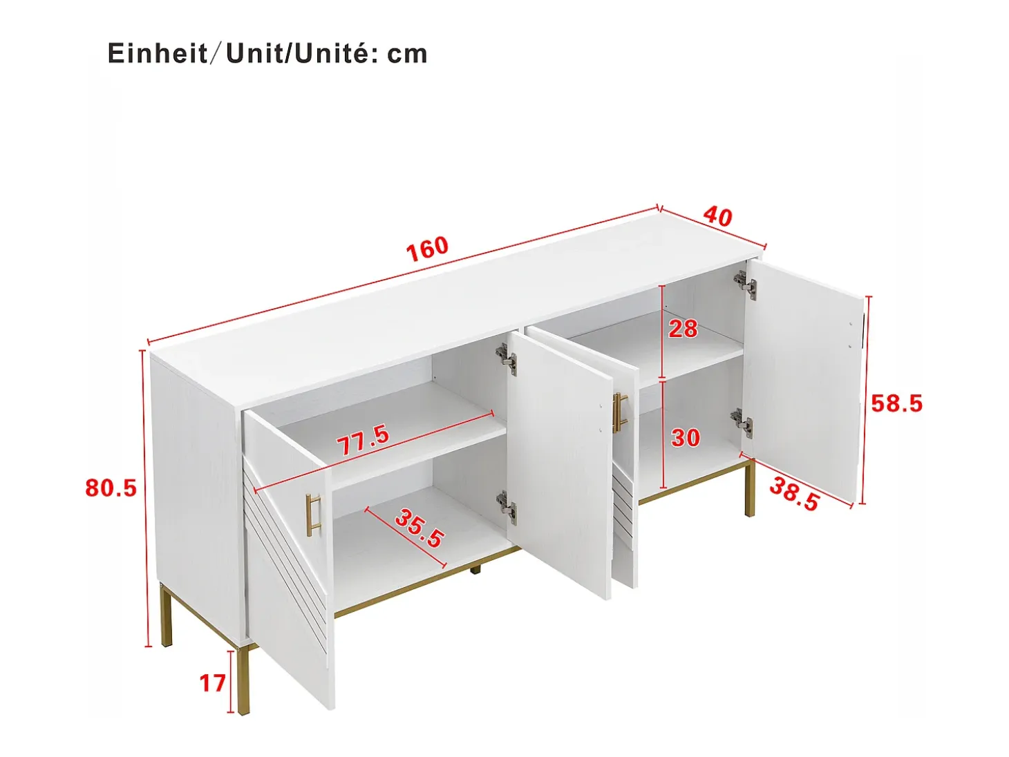 Aparador blanco y dorado de 4 puertas, diseño moderno con amplio espacio de almacenamiento, patas de metal y estantes ajustables