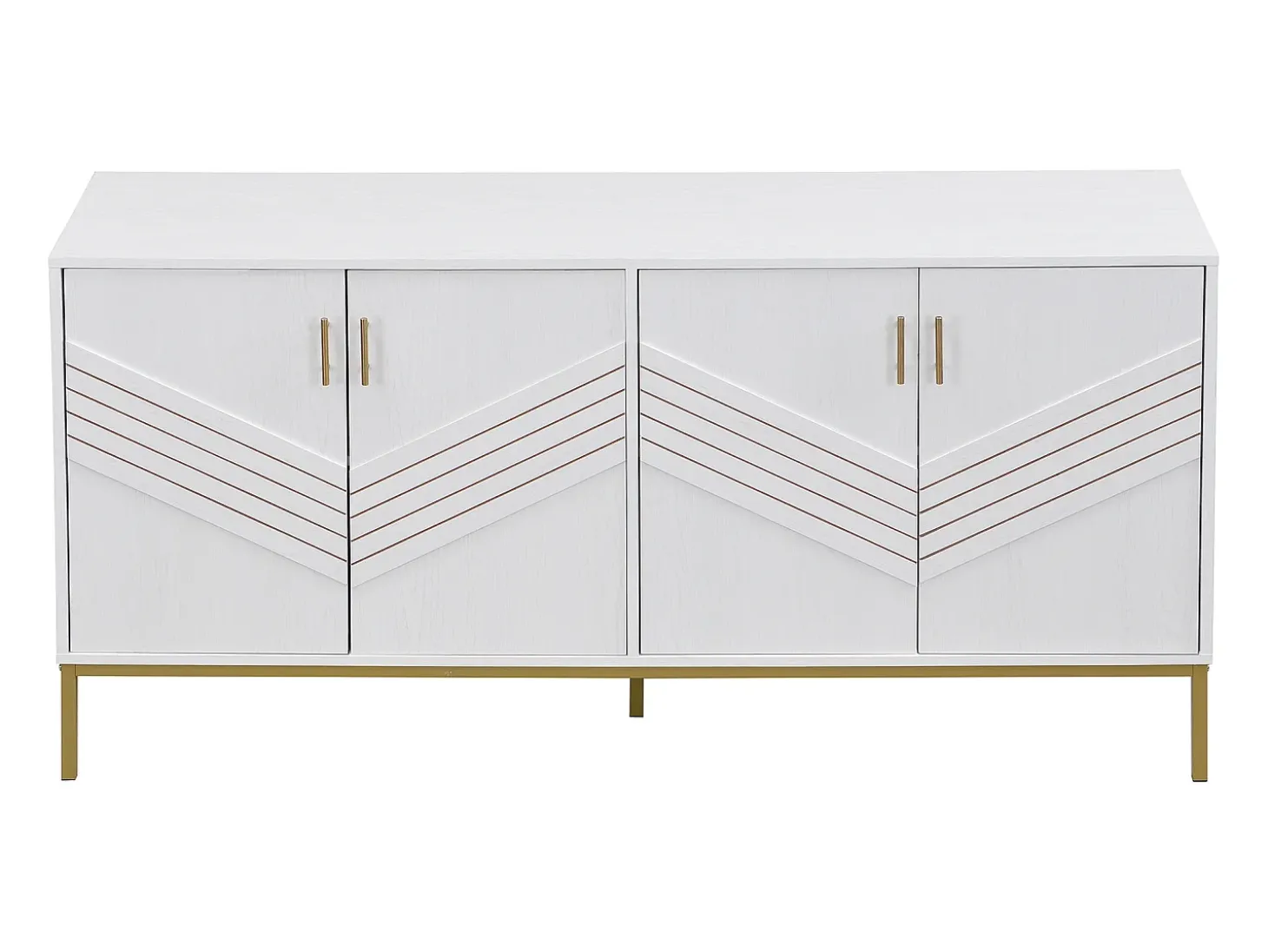 Aparador blanco y dorado de 4 puertas, diseño moderno con amplio espacio de almacenamiento, patas de metal y estantes ajustables