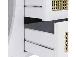 Aparador blanco y natural con 2 puertas, 3 cajones de ratán y estantes regulables - para salón y comedor
