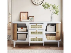 Aparador blanco y natural con 2 puertas, 3 cajones de ratán y estantes regulables - para salón y comedor
