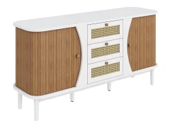 Aparador blanco y natural con 2 puertas, 3 cajones de ratán y estantes regulables - para salón y comedor