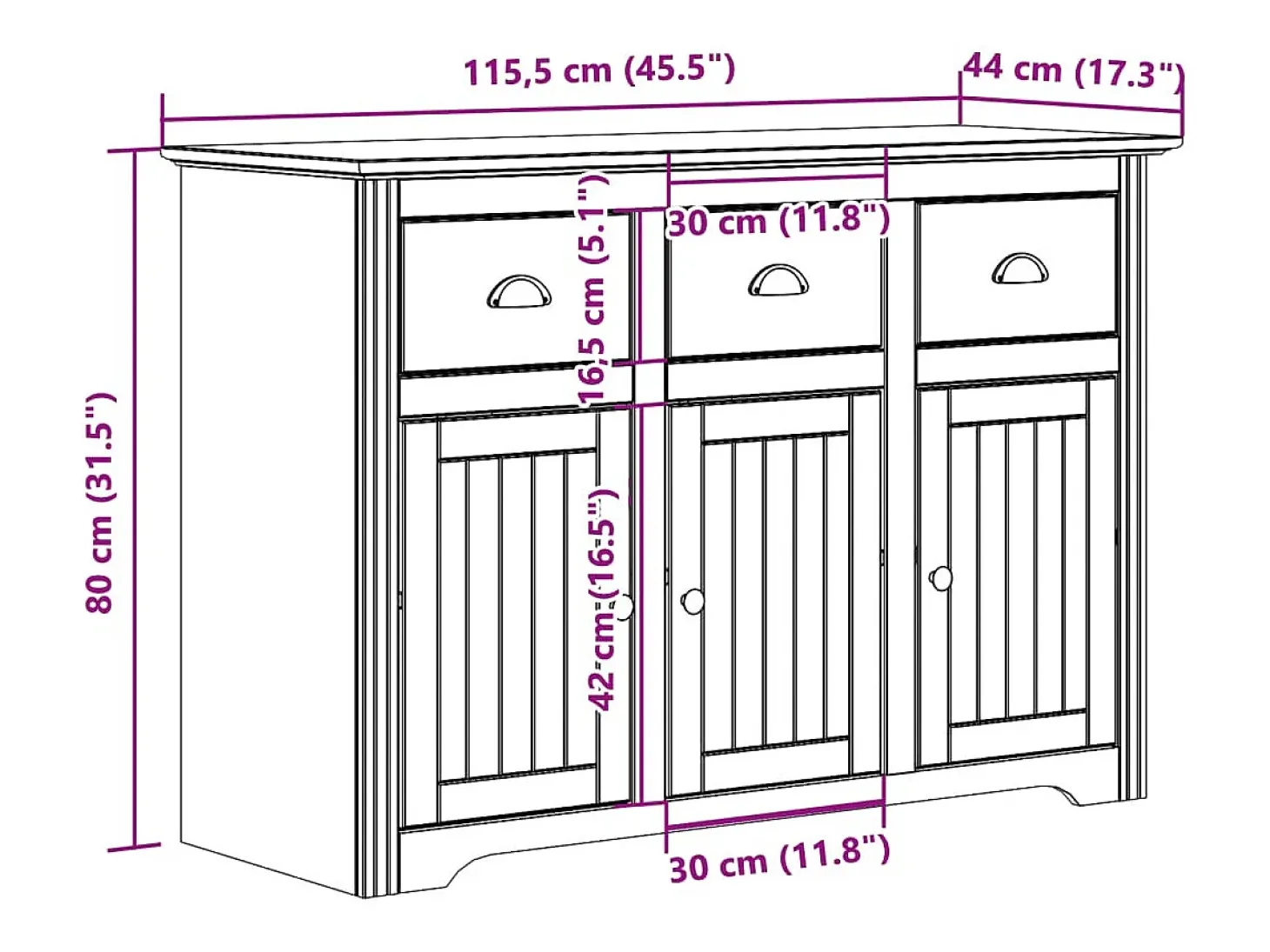 Aparador BODO blanco y marrón 115,5x44x80 cm madera maciza de pino