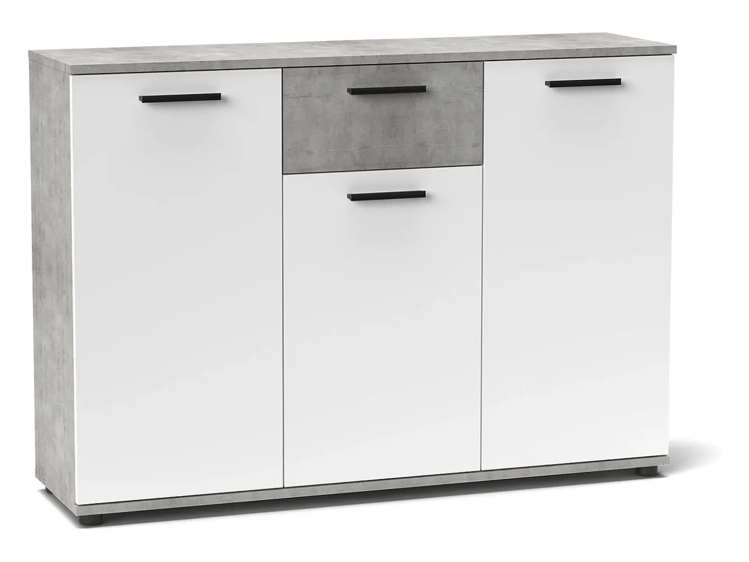 Aparador Bosco 3 puertas 1 cajón, mueble con almacenamiento de salón color Cemento y Blanco 120 cm