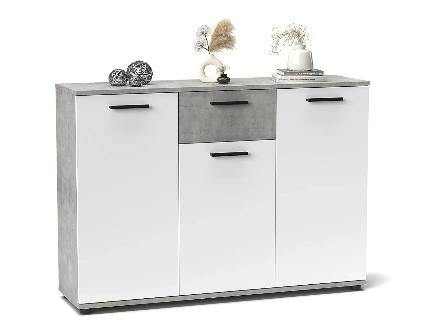 Aparador Bosco 3 puertas 1 cajón, mueble con almacenamiento de salón color Cemento y Blanco 120 cm