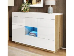 Aparador brillante para salón - 120 x 37 x 76,5 cm - con LED + 2 cajones + 2 puertas - aglomerado - blanco