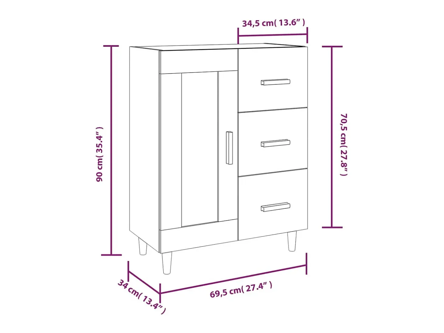 Aparador buffet cómoda armario mueble organizador cocina salón brillante 69,5 x 34 x 90 cm madera contrachapada blanco 02_0030752